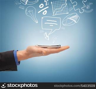 technology, internet and application concept - hand holding smartphone with icons
