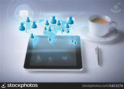 technology, internet and networking concept - illustration of tablet pc with contact icons