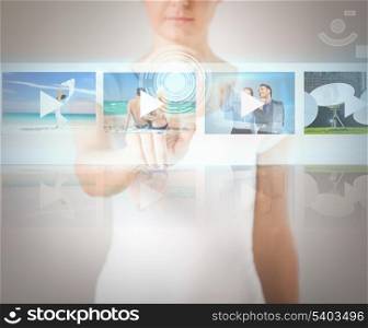 technology, internet and networking concept - woman pressing button on virtual screen