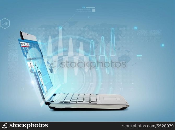 technology, internet and news concept - laptop computer with blank black screen