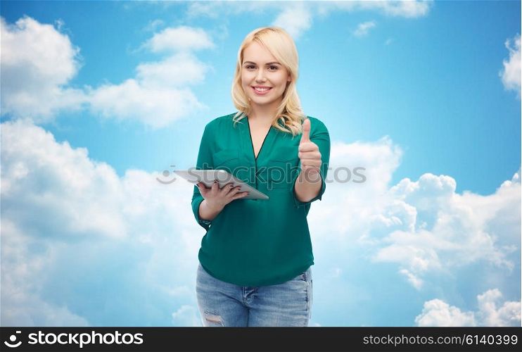 technology, internet and people concept concept - smiling woman with tablet pc computer showing thumbs up over blue sky and clouds background