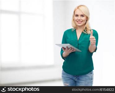 technology, internet and people concept concept - smiling woman with tablet pc computer showing thumbs up over white room background