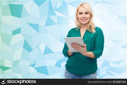 technology, internet and people concept concept - smiling woman with tablet pc computer over blue low poly background