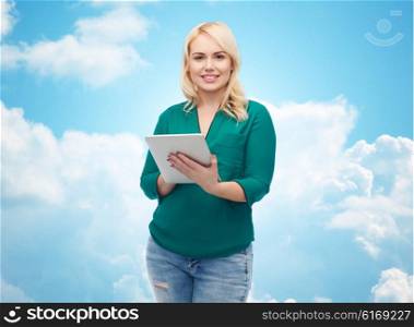 technology, internet and people concept concept - smiling woman with tablet pc computer over blue sky and clouds background