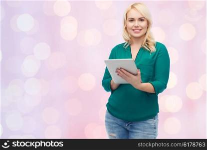 technology, internet and people concept concept - smiling woman with tablet pc computer over pink holidays lights background