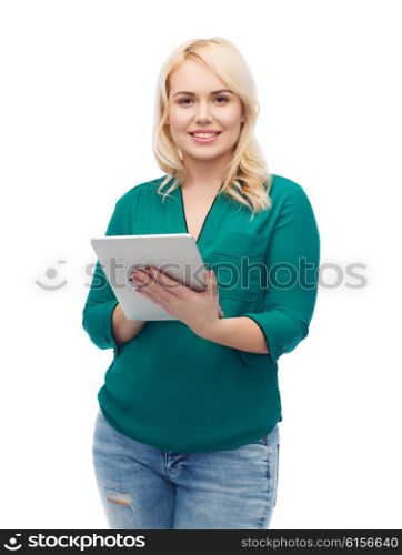 technology, internet and people concept concept - smiling woman with tablet pc computer