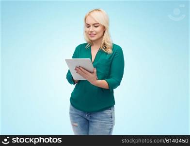 technology, internet and people concept concept - smiling woman with tablet pc computer over blue background