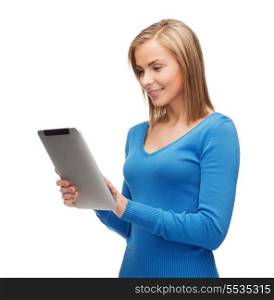 technology, internet and people concept - smiling girl with tablet pc computer