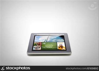 technology, internet, mass media and modern gadget concept - close up of tablet pc computer with news application on screen over gray background