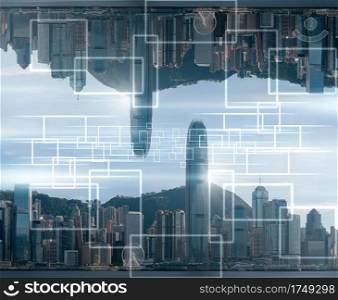 Technology Internet of thing over the Hong Kong Cityscape skyscaper at the noon, Business Architecture and building with tourist concept, Technology smart city and internet of thing concept, 