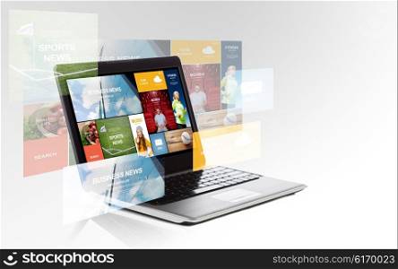 technology, media, multimedia and advertisement concept - laptop computer with internet applications on screen