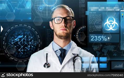 technology, medicine and pandemic concept - male doctor in white coat with stethoscope and virtual screens. doctor with stethoscope and virtual projections