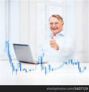 technology, money, oldness and lifestyle concept - old man in eyeglasses with laptop computer and forex chart at home showing thumbs up
