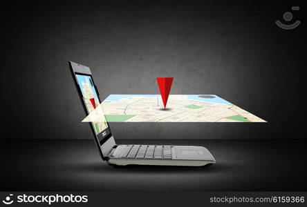 technology, navigation, location and advertisement concept - laptop computer with gps navigator map on screen