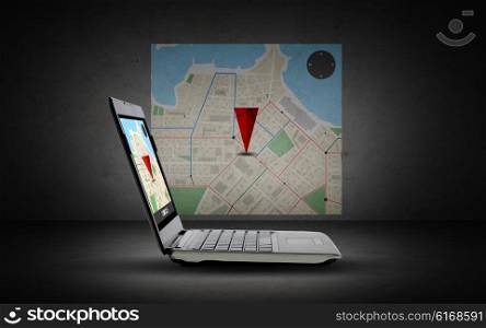 technology, navigation, location and advertisement concept - laptop computer with gps navigator map on screen