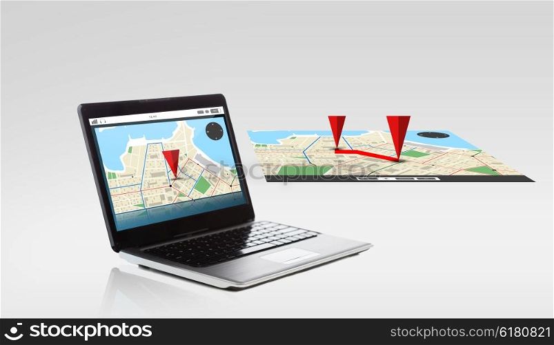 technology, navigation, location and advertisement concept - laptop computer with gps navigator map on screen