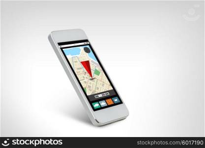 technology, navigation, location, application and electronics concept - white smarthphone with gps navigator map on screen