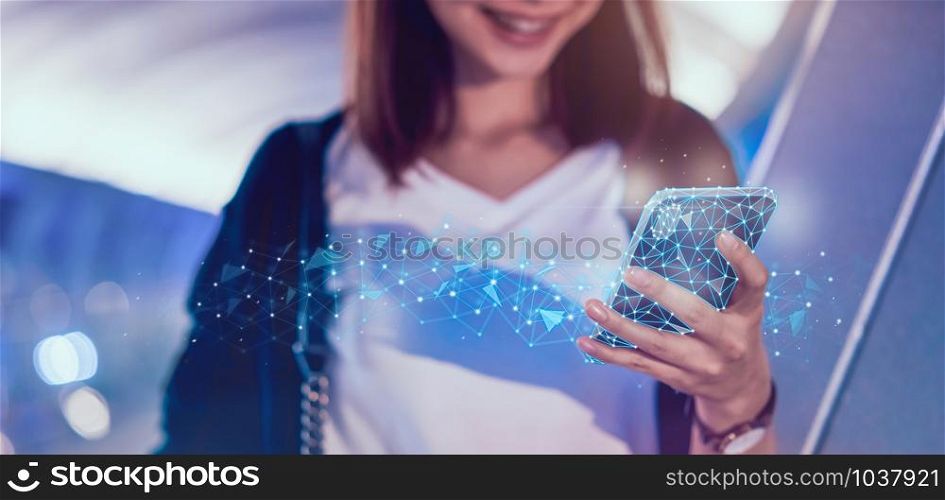technology networking concept, woman holding abstract polygonal wireframe smartphone and searching for digital innovative.