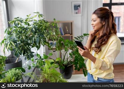 technology, people and internet concept - happy smiling asian woman with smartphone and flowers at home. asian woman with smartphone and flowers at home