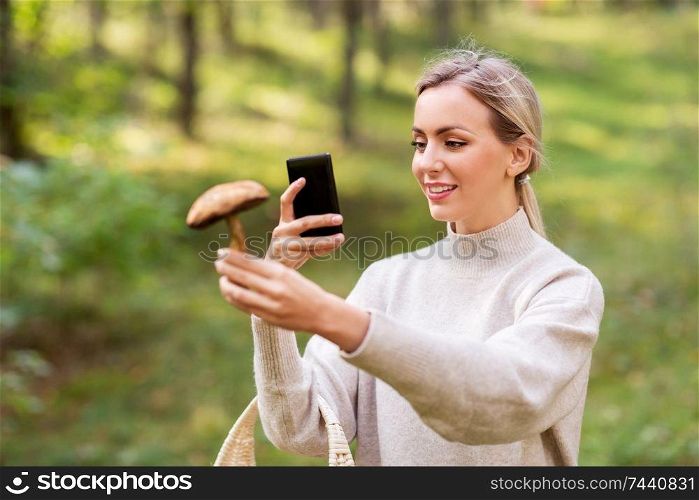 technology, people and leisure people concept - young woman with smartphone using app to identify mushroom in forest. woman using smartphone to identify mushroom