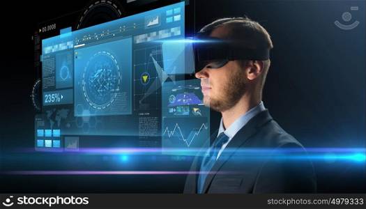 technology, people, cyberspace and augmented reality concept - young businessman with virtual headset or 3d glasses and screen projection over black background. businessman in virtual reality glasses or headset