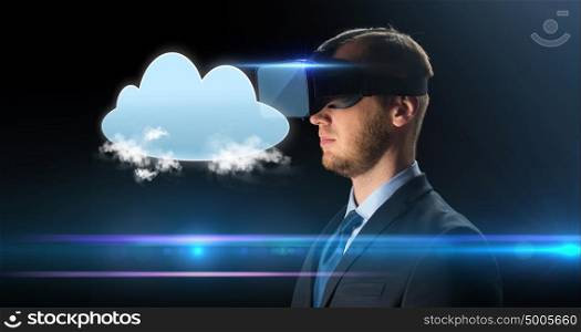 technology, people, cyberspace, computing and augmented reality concept - young businessman with virtual headset or 3d glasses and cloud projection over black background. businessman in virtual reality glasses or headset