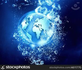 Technology planet under water. Digital planet sink in clear blue water