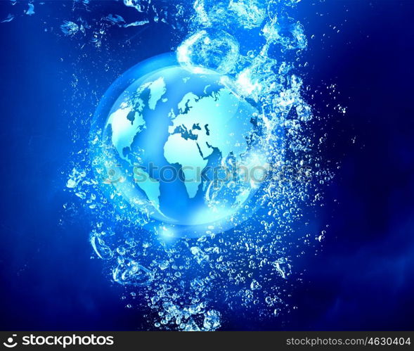 Technology planet under water. Digital planet sink in clear blue water