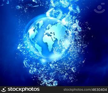 Technology planet under water. Digital planet sink in clear blue water