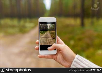 technology, season and people concept - hand using smartphone to take picture in forest. hand using smartphone to take picture in forest