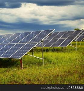 Technology solar cell. Solar panels on the sky background. Power plant. Alternative source of electricity. Solar farm.