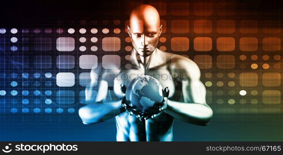Technology Solutions with Man Holding Globe in Hands. Technology Solutions