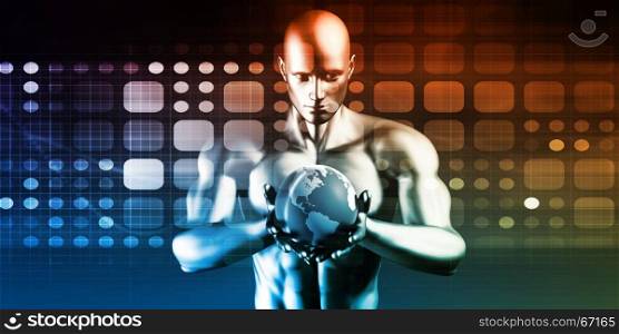 Technology Solutions with Man Holding Globe in Hands. Technology Solutions