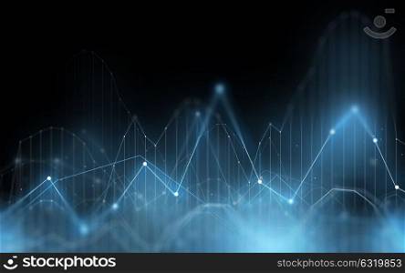 technology, statistics and cyberspace concept - illustration of blue virtual diagram chart projection over dark background. virtual chart projection over dark background