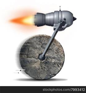 Technology upgrade business concept as an ancient stone wheel with a rocket engine or jet motor attached for increased speed and performance as a success metaphor for innovating on old ideas.