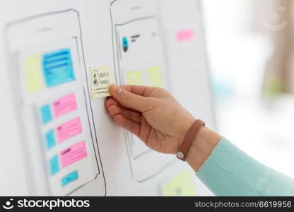 technology, user interface design and people concept - hand of ui designer or developer with ui templates and flip chart working at office. hand of developer working on ui design at office