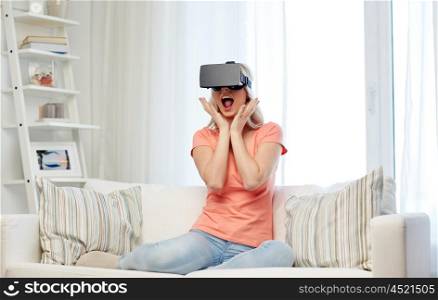 technology, virtual reality, cyberspace, entertainment and people concept - happy amazed young woman with virtual reality headset or 3d glasses sitting on sofa at home