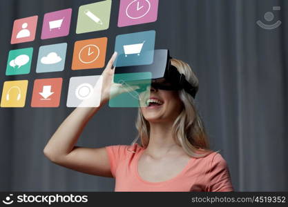 technology, virtual reality, cyberspace, entertainment and people concept - happy young woman with virtual reality headset or 3d glasses at home looking at menu icons projection