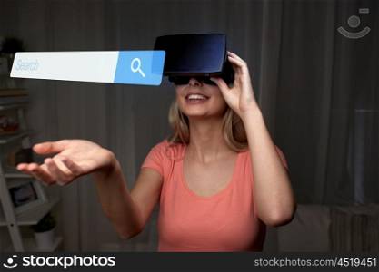 technology, virtual reality, cyberspace, entertainment and people concept - happy young woman with virtual reality headset or 3d glasses at home looking at internet browser search bar projection