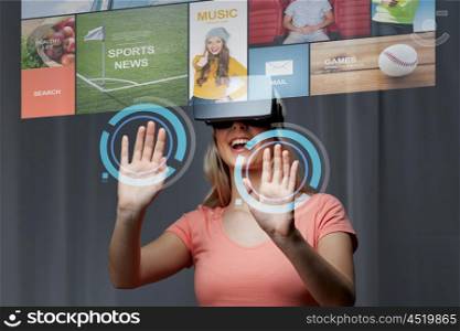 technology, virtual reality, cyberspace, entertainment and people concept - happy young woman with virtual reality headset or 3d glasses at home looking at news projection
