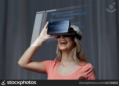 technology, virtual reality, cyberspace, entertainment and people concept - happy young woman with virtual reality headset or 3d glasses at home looking at coding projection