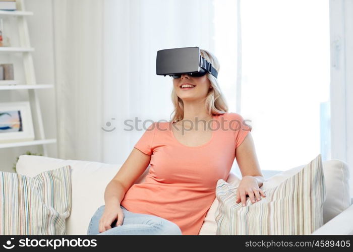 technology, virtual reality, cyberspace, entertainment and people concept - happy young woman with virtual reality headset or 3d glasses sitting on sofa at home