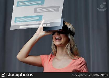 technology, virtual reality, cyberspace, entertainment and people concept - happy young woman with virtual reality headset or 3d glasses at home looking at messenger chat projection