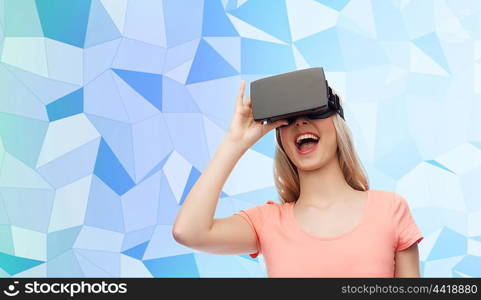 technology, virtual reality, entertainment and people concept - happy young woman with virtual reality headset or 3d glasses blue low poly texture background