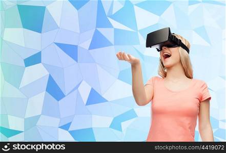 technology, virtual reality, entertainment and people concept - happy young woman with virtual reality headset or 3d glasses blue low poly texture background