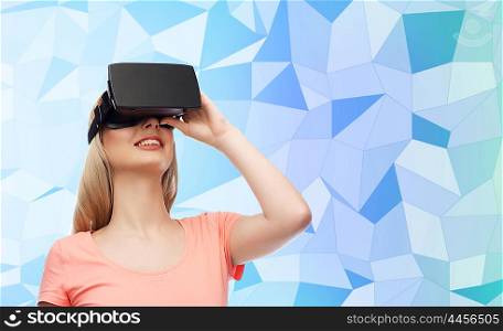 technology, virtual reality, entertainment and people concept - happy young woman with virtual reality headset or 3d glasses over blue low poly texture background