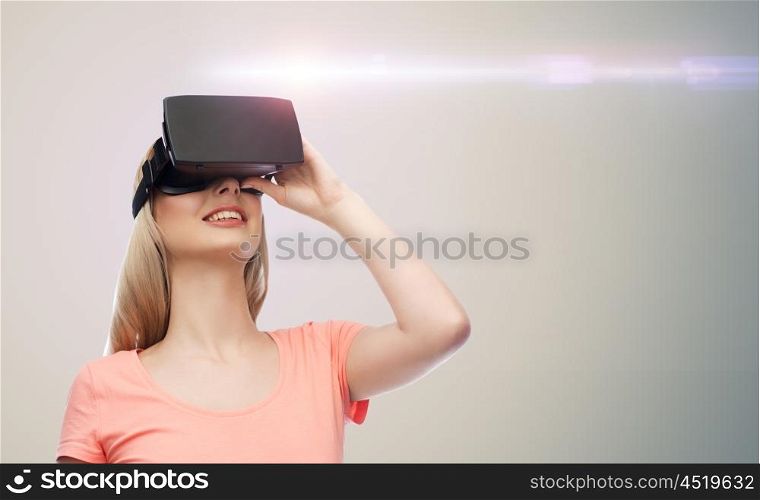 technology, virtual reality, entertainment and people concept - happy young woman with virtual reality headset or 3d glasses over gray background and laser light