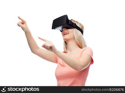 technology, virtual reality, entertainment and people concept - happy young woman with virtual reality headset or 3d glasses