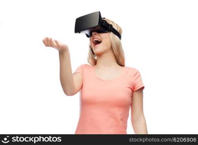 technology, virtual reality, entertainment and people concept - happy young woman with virtual reality headset or 3d glasses