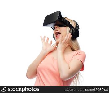 technology, virtual reality, entertainment and people concept - happy young woman with virtual reality headset or 3d glasses and headphones